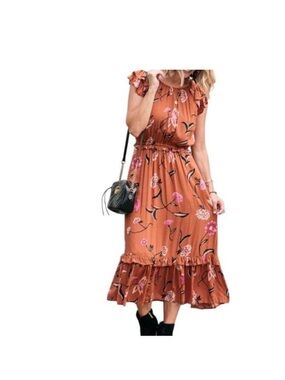 Universal Thread Rust Floral Midi Dress with Pink Accents